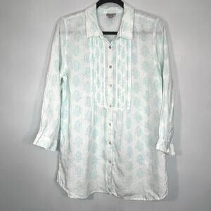 J. Jill Women Tops Tunic Linen paisley White/Blue Long Sleeve Size M Beach Boho